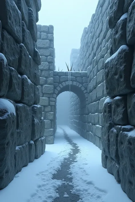 first person perspective, frozen stone maze with snowy weather, Spike trap coming out of the wall 