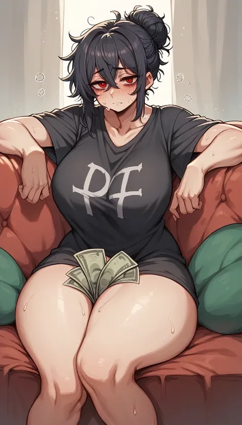 MILF, huge tits, thick thighs, black messy bun hair, dim eyes, tired red eye, happy expression, blushing softly, oversized black t-shirt, covered in sweat, holding a stack of money,  on sofa