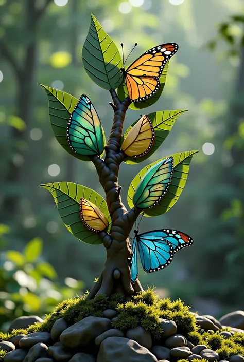 a tree with 5 leaves attached to the stem, the leaves represent different stages of a butterfly life cycle, detailed butterfly, realistic, detailed nature, (best quality,4k,8k,highres,masterpiece:1.2),ultra-detailed,(realistic,photorealistic,photo-realisti...