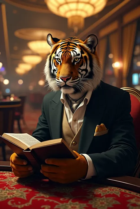 A Tiger dressed as a Casino man reading the bible inside of a casino
