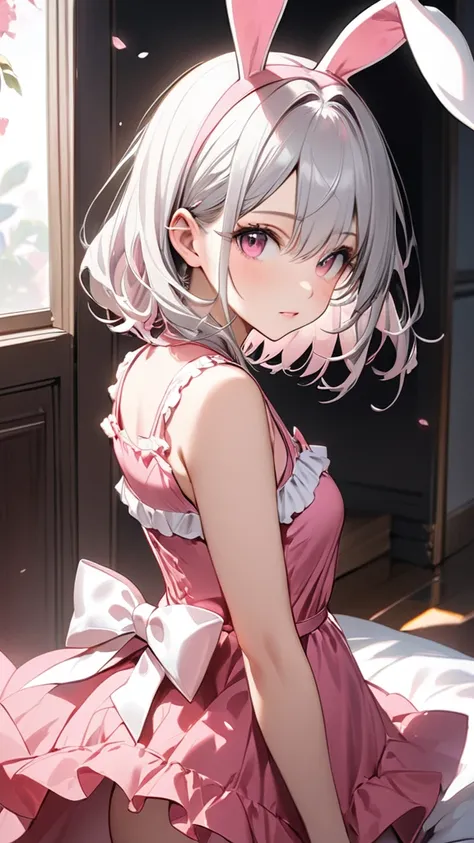 (masterpiece, Highest quality:1.2), Silver Hair,Pink dress,Pink eyes,Bunny ears,one person, one personで,Mid length, girl&#39; Im in love with you, Dynamic Random Shot, Attractive cleavage, elastic thighs, ARW,whole body,front,Look at, Halloween images