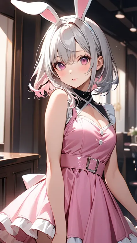 (masterpiece, Highest quality:1.2), Silver Hair,Pink dress,Pink eyes,Bunny ears,one person, one personで,Mid length, girl&#39; Im in love with you, Dynamic Random Shot, Attractive cleavage, elastic thighs, ARW,whole body,front,Look at, Halloween images