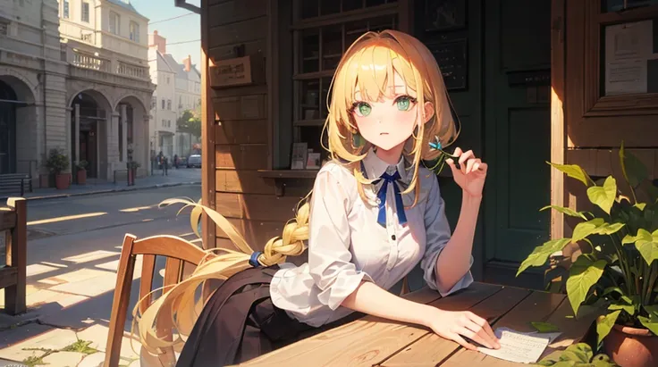 ((masterpiece,Best quality, High resolution)), 1 woman, Alone, Green eyes, Long blonde hair tied with a blue ribbon, blunt bangs, seat, Cross one&#39;s arms on the table, Sleep with your arms crossed, , white angel, Red Sailor Necklace, short sleeve, White...