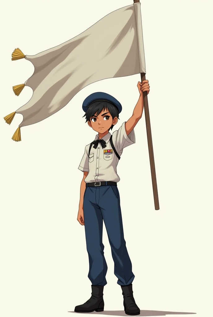 A boy with short black hair with thick eyebrows and long black eyelashes, tall and wearing a short-sleeved shirt with a bow tie., with blue dress pants and black ankle boots, Also draw him some fuandes and that he is holding a white flag high and with a bl...