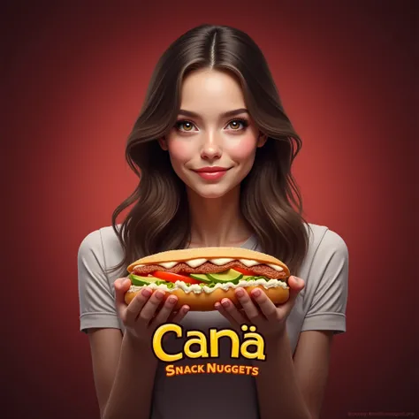 A realistic macro logo. In the foreground a 20-year-old girl.breasts, looking at the viewer, brown hair, holding with both hands a baguette sandwich with diced meat, tomato, lettuce, avocado, cheese and mayonnaise. Below a name. Canaã snack nuggets