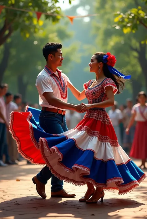 Genera una pareja de baile típico costarricense con los colores de la bandera que son en orden blue, white, red, white, blue. To celebrate the independence of Costa Rica.