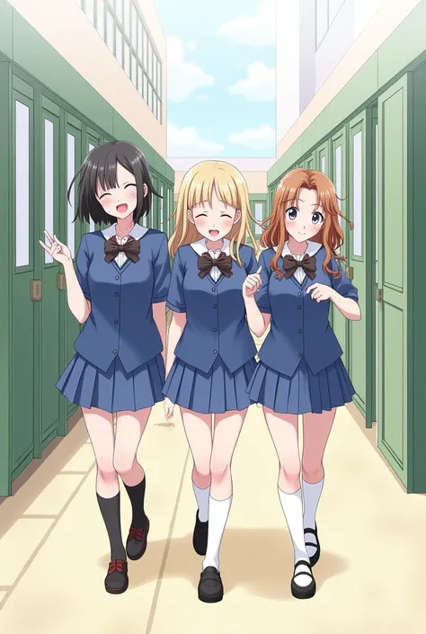 give me a drawing three girls with black short hair blonde long hair girl and the other brown longhair girl  wearing blue uniform as they walking to the hallway laughing and smilling