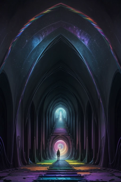 a painting of a staircase leading to a rainbow tunnel, intricate rainbow environment, colorful and dark gloomy, colorful concept art, entrance to the ethereal realm, psychedelic surreal art, portal to the ethereal realm, Portal dos Sonhos, surreal colors, ...