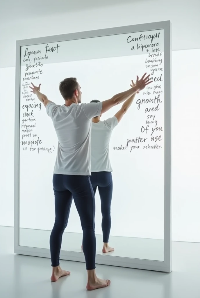 Create an image of a functional reaching exercise in front of a mirror by writing words 