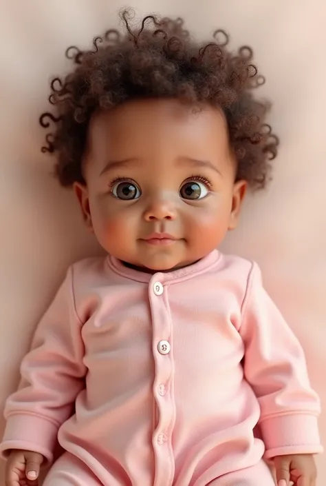 Light brown baby, with curly hair, wearing a plain cotton bodysuit with long sleeves in pink 