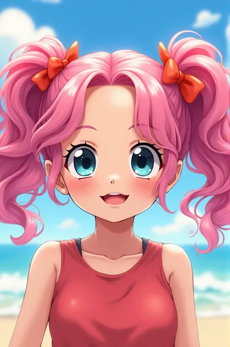 A 1 girl, estilo one piece, pink curly hair tied in 2 ponytails