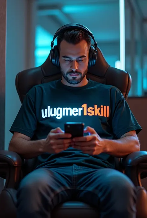 Create image about a man is sitting on chair

And there is ulugamer1skill word on mans shirt

A man is gamer game player

He is playing phone games