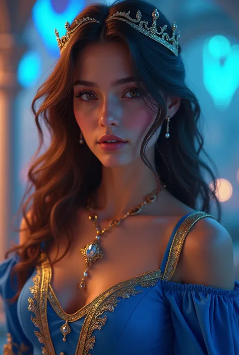 Princess Aria**: A young woman with long, flowing dark golden hair, wearing a royal blue gown adorned with golden accents. She has delicate features, soft brown eyes, and a calm, serene expression."photo realistic, vivid, neon, dramatic, cinematic lighting...