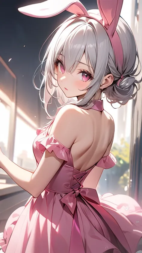 (masterpiece, Highest quality:1.2), Silver Hair,Pink dress,Pink eyes,Bunny ears,one person, one personで,Mid length, girl&#39; Im in love with you, Dynamic Random Shot, Attractive cleavage, elastic thighs, ARW,whole body,front,Look at, Halloween images