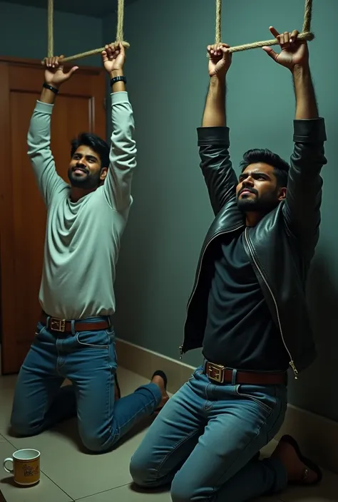  view of two handsome 20 year old indian male wearing  light color long sleeve shirt or dark color t shirt denim trousers leather jacket shoes fashionable buckle belt kneeling inside a locked up room with their hands stretched straight high up and hands ti...