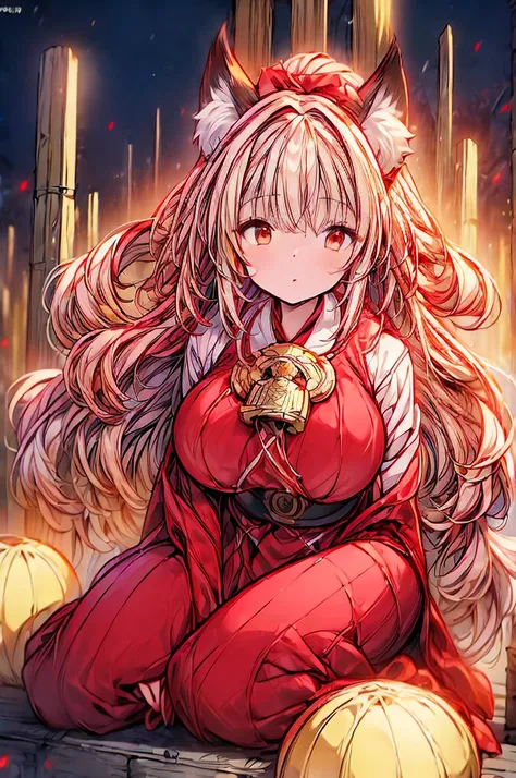 ((((masterpiece)))), ((((Highest quality)))), High resolution,4K,8k,shrine,whole body,Detailed eyes,Detailed face,woman,Curvy,Fox Ears,Shrine maiden costume,Miko costume ,High resolution, Golden Eyes, Huge breasts