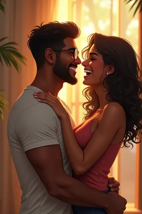 A happy couple is dark-skinned, dark skinned, wears glasses and is muscular, has brown skin, medium curly hair dark brown color, does not wear glasses, is shorter than him, she has a beautiful smile and is thin