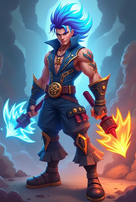 Make the character Colt from Braw Stars with an elemental outfit, hair and weapon 