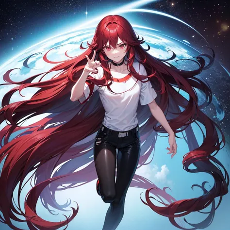 
"friends, a man with dark brown hair, wavy and very short, and a girl with long red hair are floating in a space environment, with a vast, star-filled landscape in the background. The man wears simple clothes with black pants, but in a futuristic cyber st...