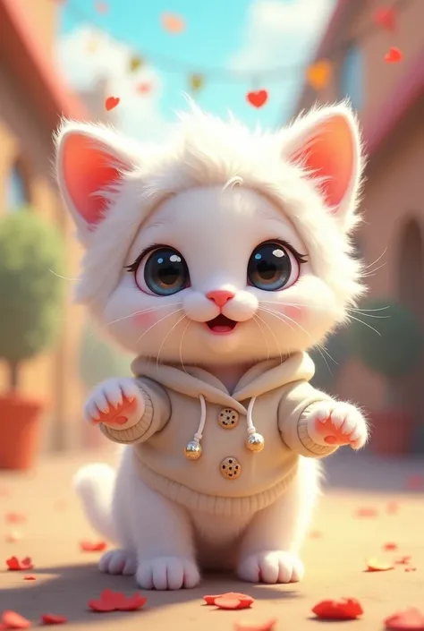 A cute white kitten with an impact、Wear a cute costume、upright、3d、Illustrated style