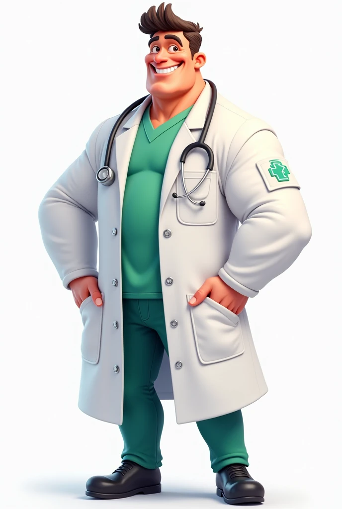 Body: Muscular and well defined, with a confident and friendly posture.
clothes: White lab coat with green details, similar to Clivetina&#39;s style. The lab coat should have a modern and comfortable fit., with visible pockets.
Accessories: Stethoscope aro...