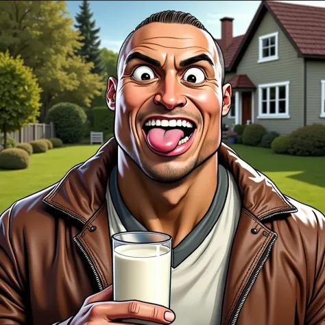 This photo is a digital illustration of Cristiano Ronaldo holding a glass of milk in front of a house. The man is wearing a brown leather jacket and has a serious expression on his face. He is sticking out his tongue and enjoying the milk. The house in the...