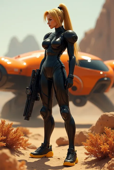 Make Samus Aran from Metroid with long blonde hair tied up, his black Zero Suit with yellow soles, next to his metallic orange Gunship in a desert of an alien planet with photo-realistic vegetation. 