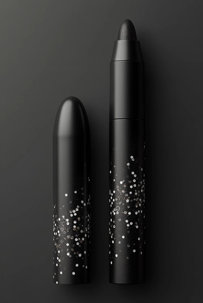 Create a prototype for slim stick makeup packaging with oval tips. With mini diamonds studded , on the stick packaging, in gradient pattern. With majority color of the packaging in black.Luxury market