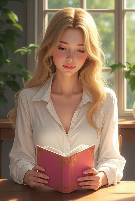 A blonde with long hair wearing a white blouse that is completely closed, including her breasts, sitting at a table in the sun and studying a pink book with gold details. 