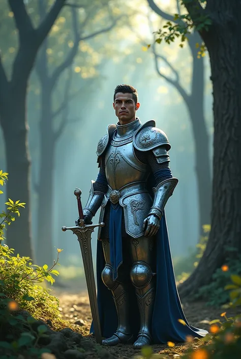 **Enchanted Forest:** Cristiano Ronaldo, donned in intricately detailed silver knight’s armor adorned with a majestic blue crest, stands amidst a mesmerizing, ancient forest. The trees are colossal, their bark shimmering with ethereal luminescence and thei...