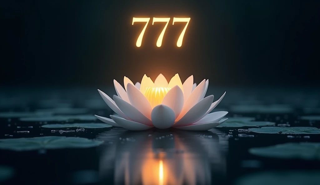 A glowing lotus flower floating on a dark lake, with the number "777" softly illuminated above. The chiaroscuro lighting creates a serene, divine atmosphere.
