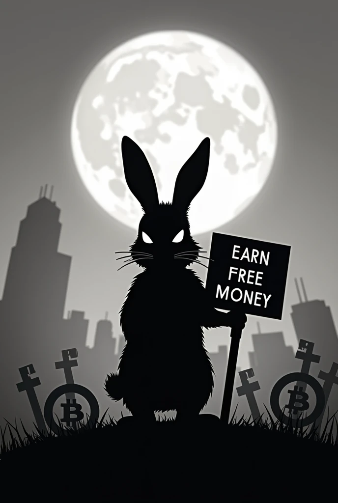 Bad Rabbit Silhouette with Cryptocurrencies In Grayscale with Moon in the Background and a Sign in the Middle Saying COIN-RABBIT Earn Free Money ( the latter below)