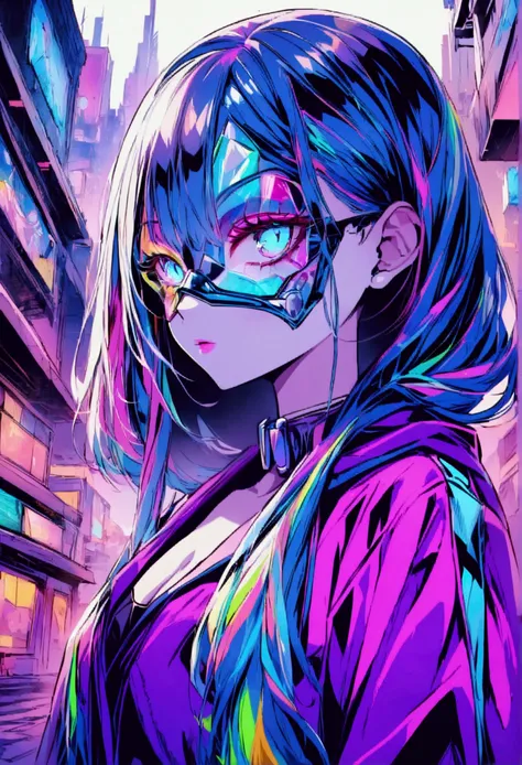 Located in a futuristic city showing the psychedelic face of a human girl, all full of neon colors derretido