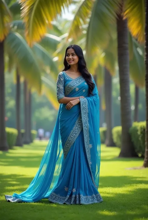  The image shows a woman in a traditional blue saree, standing in a park with palm trees in the background.