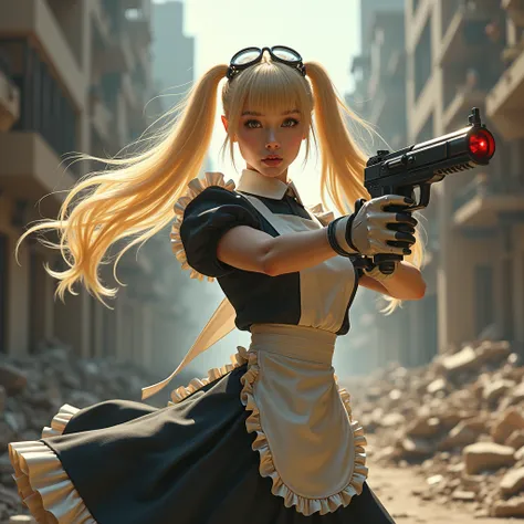 a blonde woman with retro glasses on her head, long hair tied in two ponytails, wearing a maid costume shooting a large laser weapon in a destroyed city, full body, high resolution, UHD 64k, very real, realistic, very dynamic, high quality photo