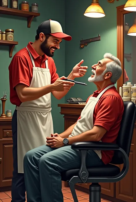 A barber talking to a a man wearing a red shirt and a cap while shaving an old man 