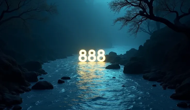 A glowing river of light flowing through a dark landscape, with the number "888" softly illuminated in the reflections. The chiaroscuro effect enhances the feeling of abundance and prosperity.
