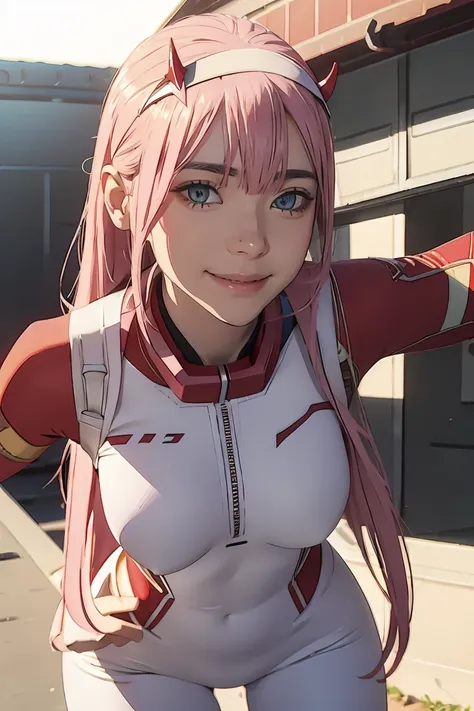 ((best quality)),((highly detailed)),masterpiece,absurdres,detailed face,beautiful face,((detailed eyes, deep eyes)),(1girl),((dynamic pose)), Zero_Two, green eyes, 1girl, solo, red bodysuit, long hair, pilot suit, pink hair, bodysuit, straight hair, hairb...