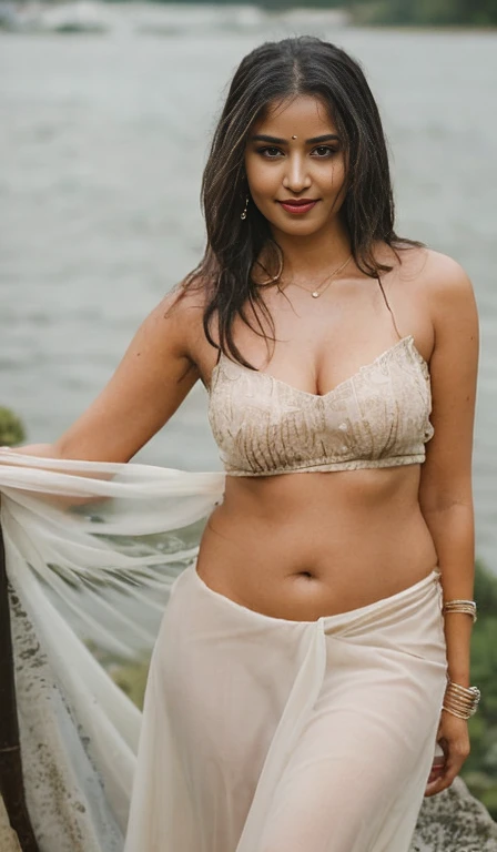 extreme close up photo of sexy indian, front view, curvy, swooping nued big breasts, deep cleavage, wet black transperent lace strapless dress, floating on river, waterfalls, birds, animals, elephant, French braid hair, necklace, subtle smile, seductive ey...