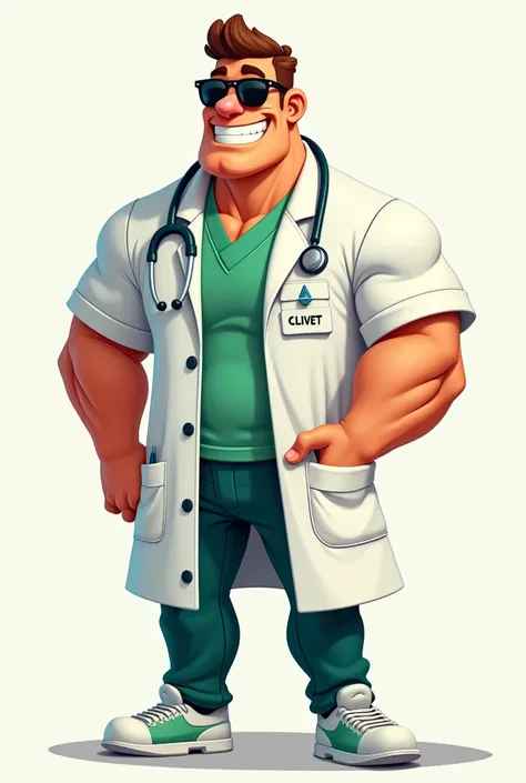 chap: Cartoon style veterinarian Features:

Body: Muscular and well defined, with a confident and friendly posture.
clothes: White lab coat with green details. The lab coat must have the name "Clivet" printed in green on the pockets.
Accessories: Sunglasse...