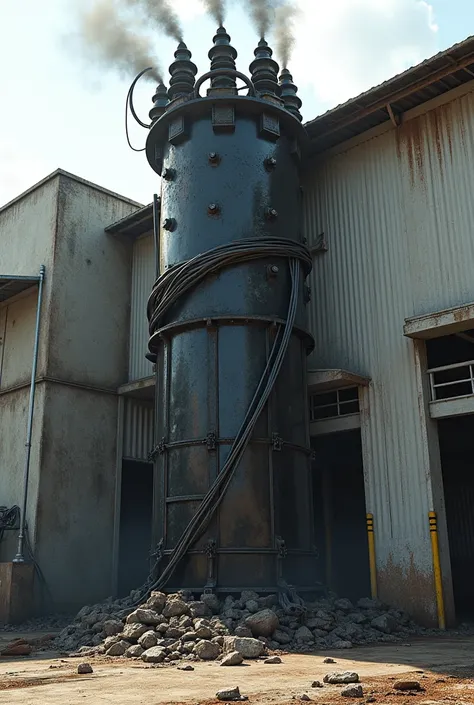 an charred power transformer, outside an warehouse 