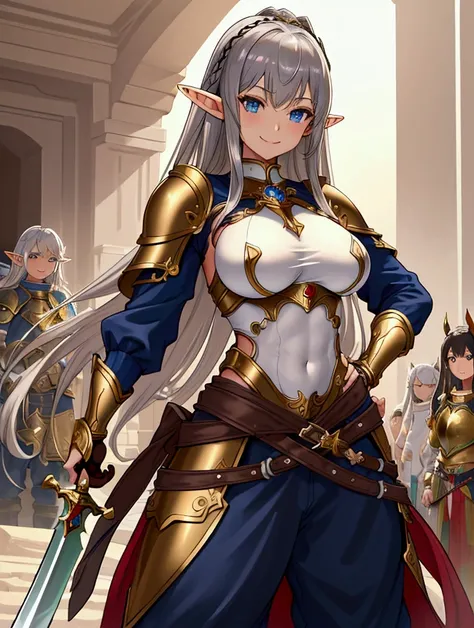 Best Quality, masterpiece, Ultra-high resolution, female、Big Breasts、Great style、Elf Ears、Dark brown tan skin、Warrior、Breastplate、Metal Pants、Hands on hips、Equipped with a one-handed sword on the waist belt、triumphant、Smile enthusiastically、Gray Hair、Older...