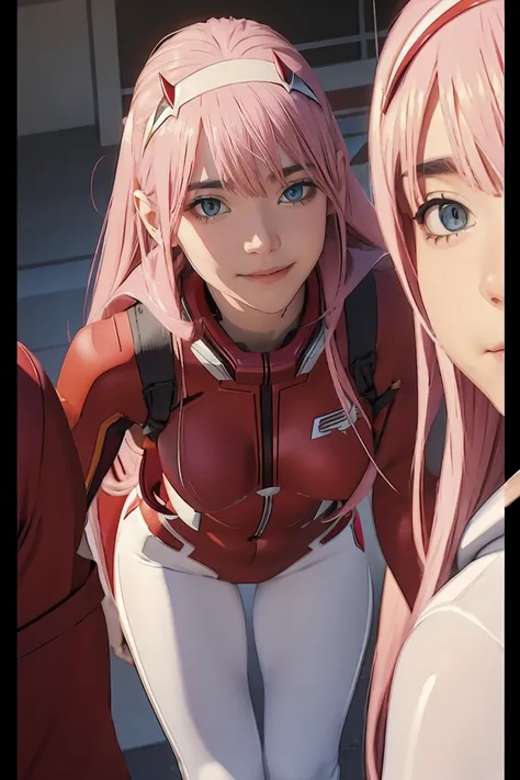 ((best quality)),((highly detailed)),masterpiece,absurdres,detailed face,beautiful face,((detailed eyes, deep eyes)),(1girl),((dynamic pose)), Zero_Two, green eyes, 1girl, solo, red bodysuit, long hair, pilot suit, pink hair, bodysuit, straight hair, hairb...