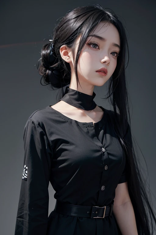 Female anime character, black shirt, button in the middle, long black hair tied up, cool dress, beautiful face, sharp.