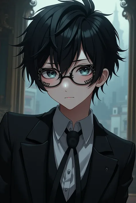 A gothic anime black-haired boy with glasses