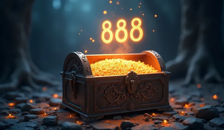 A treasure chest glowing softly in the dark, with the number "888" floating above. The light from the chest contrasts with the deep shadows, symbolizing success.
