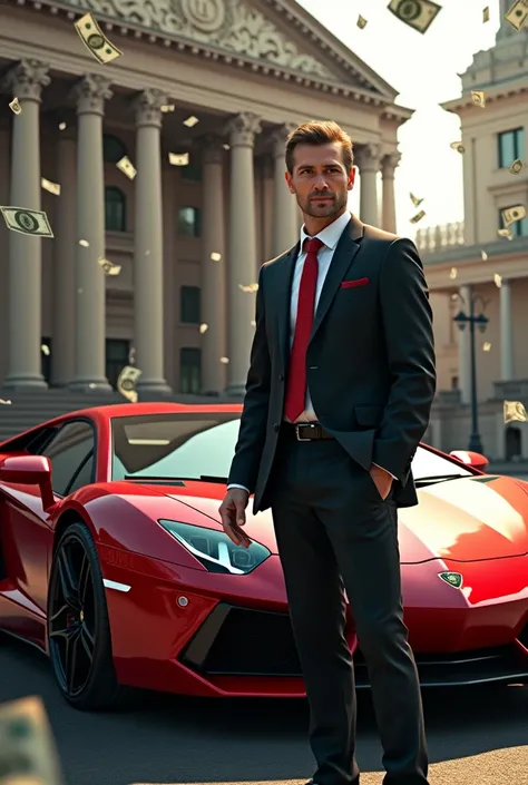 A rich man with a black and red Lambo in the background in front of a bank with money falling out of the sky