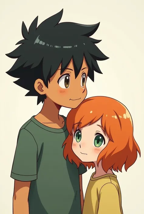 Ash is a boy with jet black hair and brown eyes and Misty is a girl with orange hair and green eyes and is below Ash 