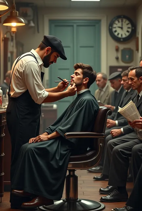 A barber shaving a young man while he rest of the customer are waiting while seated on a bench 