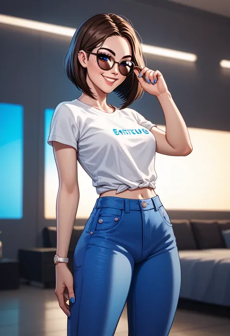 Make SAM from Samsung. She is a young woman with short, straight, dark brown hair, styled in a modern way. Her eyes are large and blue, with a friendly expression. She has light skin and wears a white t-shirt with blue accents, along with jeans. SAM is sta...